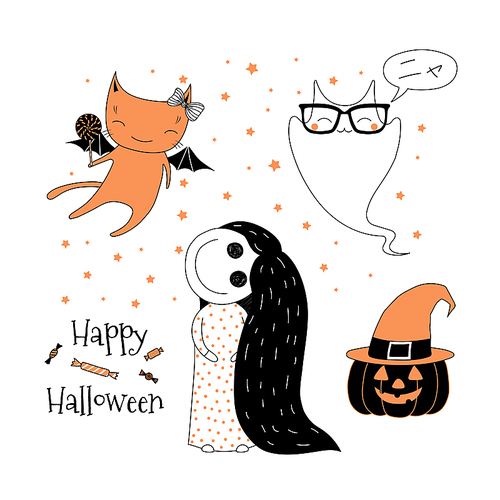 Hand drawn vector illustration of cute funny pumpkin, little creepy girl, flying cat, ghost saying Meow (Nya) in Japanese, Happy Halloween. Isolated objects on white . Design concept kids.