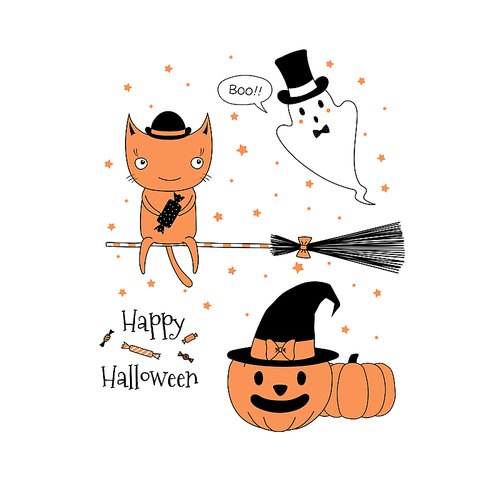 hand drawn vector illustration of a cute funny cat with a candy on a broomstick, ghost, jack o lantern pumpkin, text happy halloween. isolated objects on white . design concept for children.