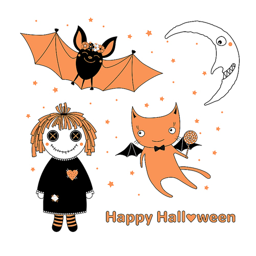 hand drawn vector illustration of a cute funny flying cat with a lollipop, bat in a flower chain, rag doll, moon, text happy halloween. isolated objects on white . design concept for kids.