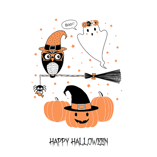 Hand drawn vector illustration of a funny owl on a broomstick, spider holding candy, ghost in a flower chain, pumpkin, text Happy Halloween. Isolated objects on white . Design concept kids.