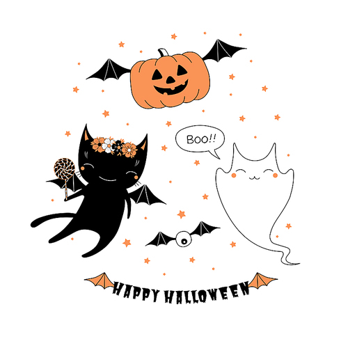 Hand drawn vector illustration of a cute funny flying pumpkin, black kitten in a flower chain with a lollipop, ghost, text Happy Halloween. Isolated objects on white . Design concept kids.