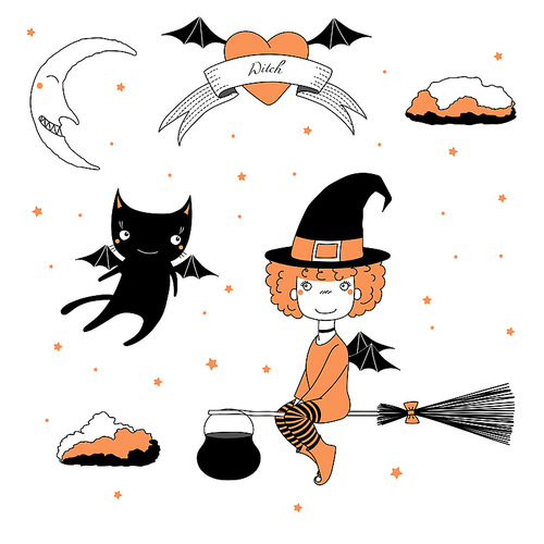 Hand drawn vector illustration of a funny cartoon witch girl in a hat, flying on a broomstick, and a cat with bat wings, with text on a ribbon, heart, moon and stars. Design concept kids, Halloween.