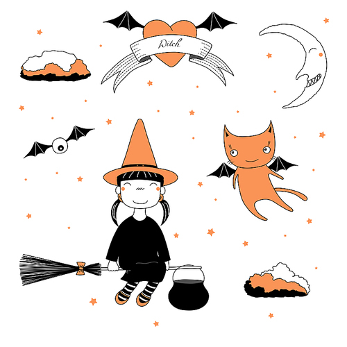 Hand drawn vector illustration of a funny cartoon witch girl in a hat, flying on a broomstick, and a cat with bat wings, with text on a ribbon, heart, moon and stars. Design concept kids, Halloween.
