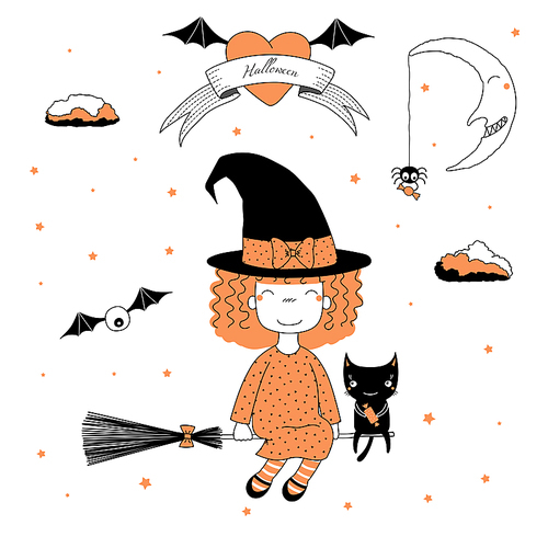 Hand drawn vector illustration of a funny cartoon witch girl with bows, flying on a broomstick with a cat holding candy, with text on a ribbon, heart, moon and stars. Design concept kids, Halloween.