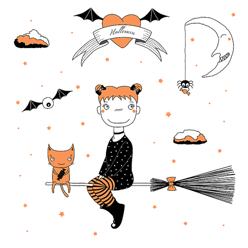 Hand drawn vector illustration of a funny cartoon witch girl with bows, flying on a broomstick with a cat holding candy, with text on a ribbon, heart, moon and stars. Design concept kids, Halloween.