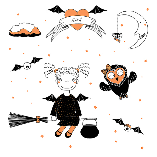 Hand drawn vector illustration of a funny witch girl with pig tails and bat wings, flying on a broomstick, and a cute owl, with text on a ribbon, heart, moon and stars. Design concept kids, Halloween.