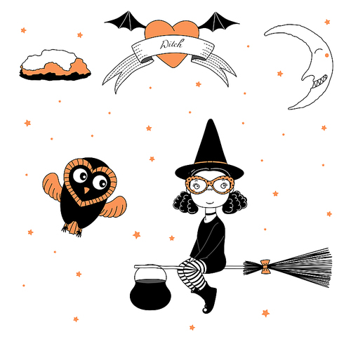 Hand drawn vector illustration of a funny cartoon witch girl in glasses, hat, flying on a broomstick, and a cute owl, with text on a ribbon, heart, moon and stars. Design concept kids, Halloween.