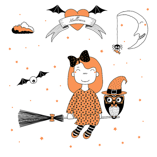 Hand drawn vector illustration of a funny cartoon witch girl with a bow, flying on a broomstick with an owl in a hat, with text on a ribbon, heart, moon and stars. Design concept kids, Halloween.