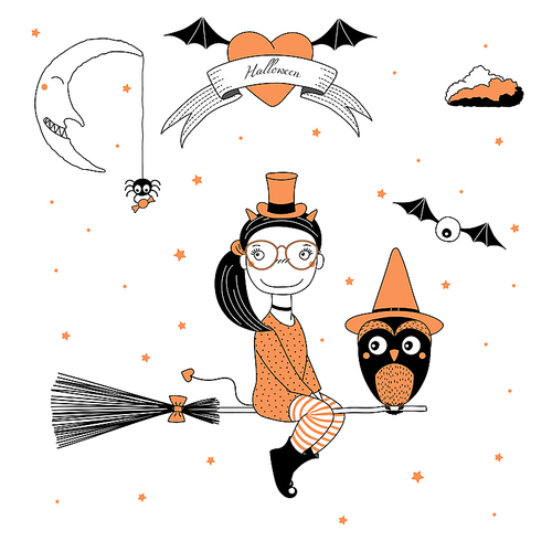 Hand drawn vector illustration of a funny cartoon witch girl with horns and tail, flying on a broomstick with an owl, with text on a ribbon, heart, moon and stars. Design concept kids, Halloween.