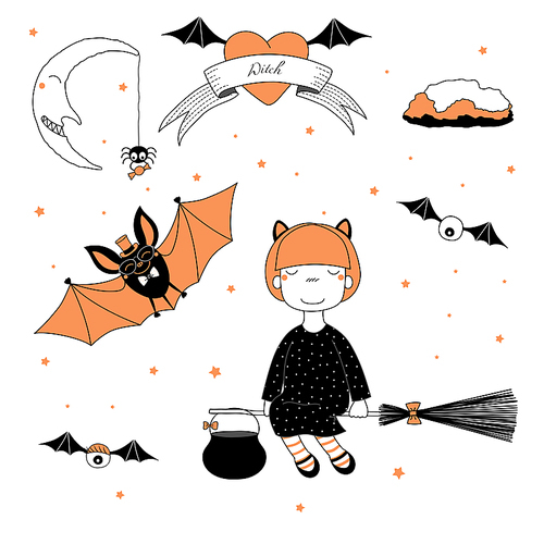 Hand drawn vector illustration of a funny witch girl with cat ears, flying on a broomstick, and a cute bat in top hat, with text on a ribbon, heart, moon and stars. Design concept kids, Halloween.