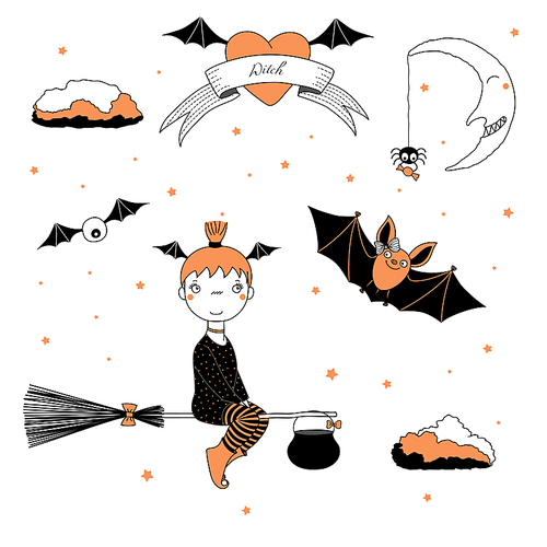 Hand drawn vector illustration of a funny witch girl with bat wings in her hair, flying on a broomstick, and a cute bat, with text on a ribbon, heart, moon and stars. Design concept kids, Halloween.