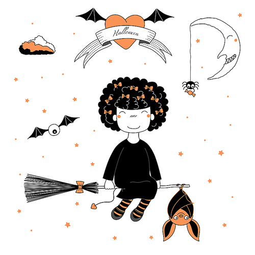 Hand drawn vector illustration of a funny cartoon witch girl with puffy hair, flying on a broomstick with a hanging bat, with text on a ribbon, heart, moon and stars. Design concept kids, Halloween.