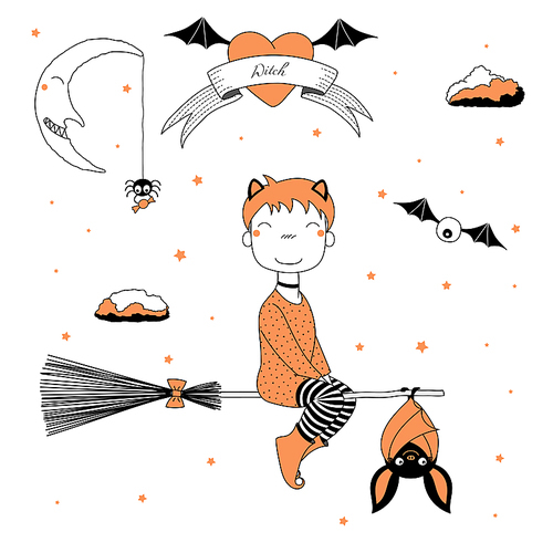 Hand drawn vector illustration of a funny cartoon witch girl with cat ears, flying on a broomstick with a hanging bat, with text on a ribbon, heart, moon and stars. Design concept kids, Halloween.