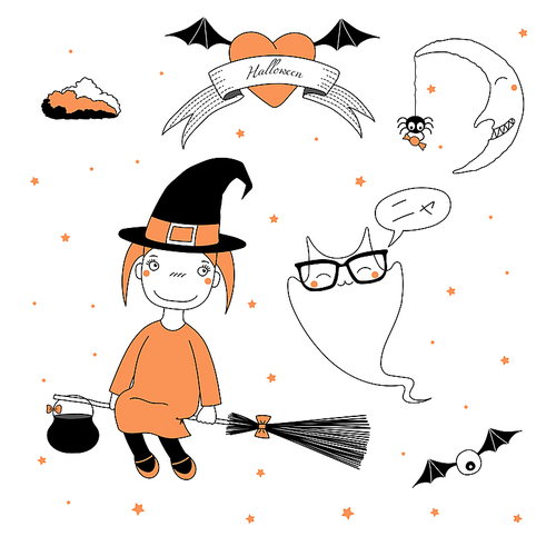 Hand drawn vector illustration of a funny cartoon witch girl in a hat, flying on a broomstick, and a ghost saying Meow (Nya) in Japanese, with text, heart, moon, stars. Design concept kids, Halloween.