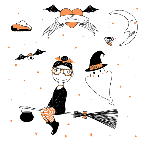Hand drawn vector illustration of a funny cartoon witch girl with cauldron, flying on a broomstick, and a ghost in a hat, with text on a ribbon, heart, moon and stars. Design concept kids, Halloween.