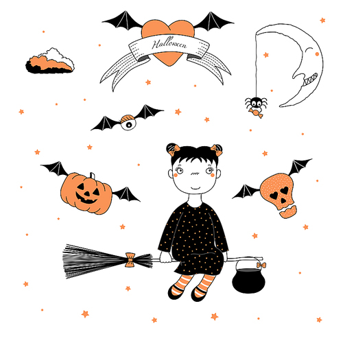 Hand drawn vector illustration of a funny cartoon witch girl with bows, flying on a broomstick, pumpkin and skull on bat wings, text on a ribbon, heart, moon and stars. Design concept kids, Halloween.