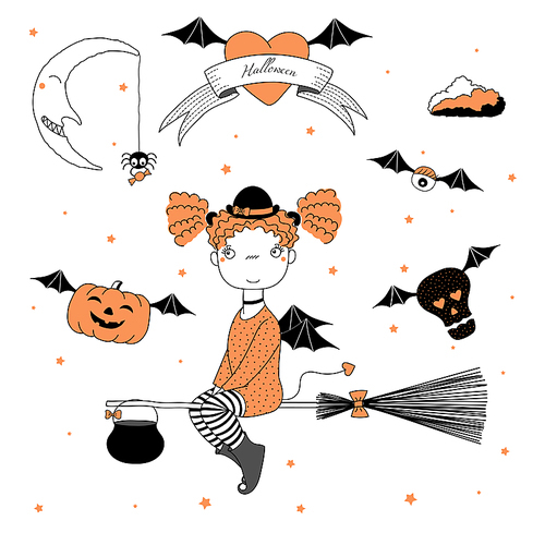 Hand drawn vector illustration of a funny cartoon witch girl in a bowler hat, flying on a broomstick, pumpkin and skull on bat wings, text on ribbon, heart, moon, stars. Design concept kids, Halloween