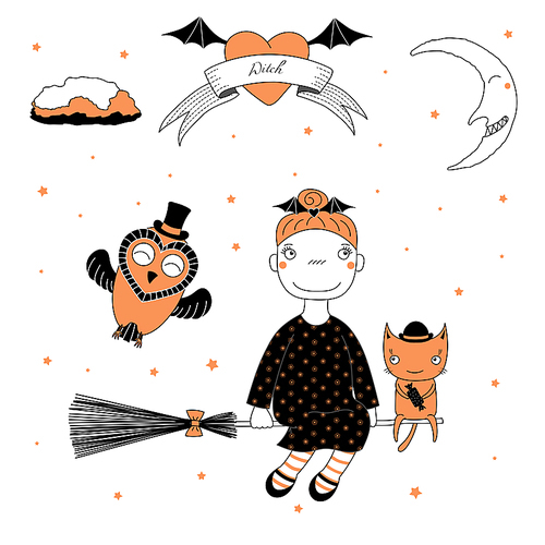 Hand drawn vector illustration of a funny cute cartoon witch girl, flying on a broomstick with a cat, and owl in a top hat, text on a ribbon, heart, moon and stars. Design concept kids, Halloween.