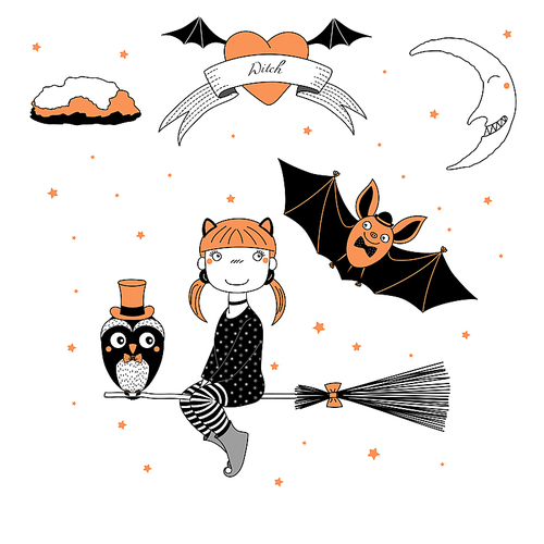 Hand drawn vector illustration of a funny cute cartoon witch girl, flying on a broomstick, with a bat and owl in a top hat, text on a ribbon, heart, moon and stars. Design concept kids, Halloween.