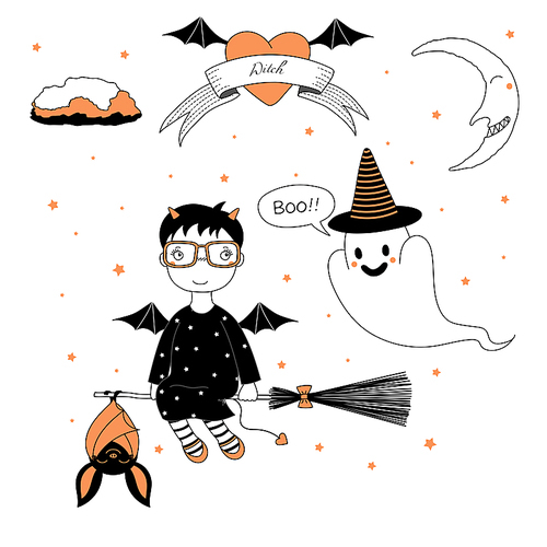 Hand drawn vector illustration of a funny cute cartoon witch girl, flying on a broomstick with a bat, and ghost in striped hat, text on a ribbon, heart, moon and stars. Design concept kids, Halloween.