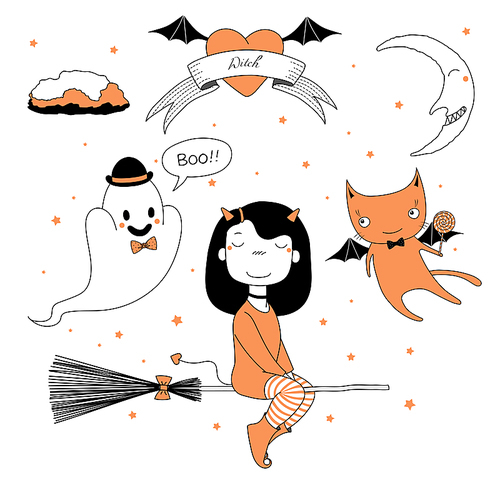 Hand drawn vector illustration of a funny cute cartoon witch girl, flying on a broomstick, cat with a lollipop and ghost, text on a ribbon, heart, moon and stars. Design concept kids, Halloween.