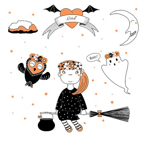 Hand drawn vector illustration of a funny cute cartoon witch girl, flying on a broomstick, owl and ghost in flower chains, text on a ribbon, heart, moon and stars. Design concept kids, Halloween.
