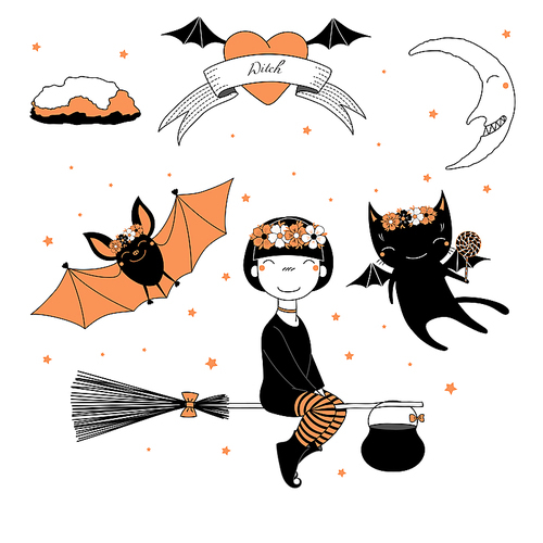 Hand drawn vector illustration of a funny cute cartoon witch girl, flying on a broomstick, cat and bat in flower chains, text on a ribbon, heart, moon and stars. Design concept kids, Halloween.