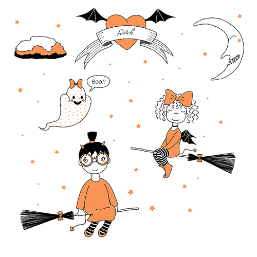 Hand drawn vector illustration of a funny cute cartoon witch girls, flying on broomsticks, ghost with a bow saying Boo, text on a ribbon, heart, moon and stars. Design concept kids, Halloween.