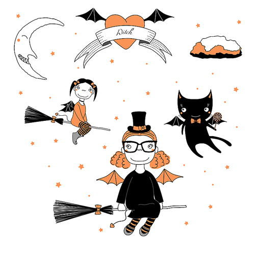 Hand drawn vector illustration of a funny cute cartoon witch girls with bat wings, flying on broomsticks, cat with a lollipop, text on a ribbon, heart, moon and stars. Design concept kids, Halloween.