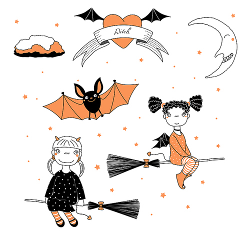 Hand drawn vector illustration of a funny cute cartoon witch girls with pig tails, horns, wings, flying on broomsticks, bat, text on a ribbon, heart, moon and stars. Design concept kids, Halloween.