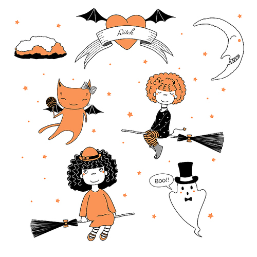 Hand drawn vector illustration of a funny cute cartoon witch girls, flying on broomsticks, cat with lollipop, ghost in top hat, text on a ribbon, heart, moon and stars. Design concept kids, Halloween.