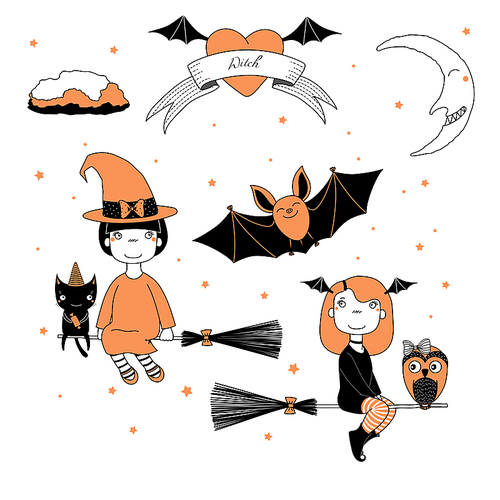 Hand drawn vector illustration of a funny cute cartoon witch girls, flying on broomsticks, cat with a candy, owl, bat, text on a ribbon, heart, moon and stars. Design concept kids, Halloween.