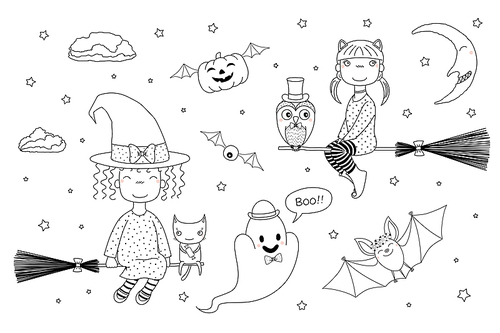 Hand drawn black and white vector illustration of cute funny witch girls flying on broomsticks, pumpkin with wings, bat, ghost, owl, cat, moon. Isolated objects. Design concept for kids coloring pages