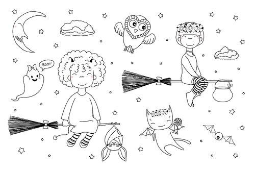 Hand drawn black and white vector illustration of cute funny witch girls flying on broomsticks, bat, ghost, owl, cat with wings, moon. Isolated objects. Design concept for children coloring pages.