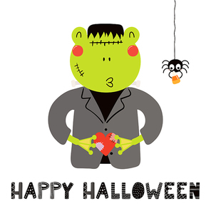 Hand drawn vector illustration of a cute funny frog in a Frankenstein monster costume, with text Happy Halloween. Isolated objects on white. Scandinavian style flat design. Concept for children .