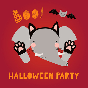 Hand drawn vector illustration of a cute funny elephant in a black cat costume, with text Halloween party. Isolated objects. Scandinavian style flat design. Concept children , party invitation.