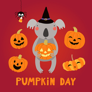 Hand drawn vector illustration of a cute funny koala in a witch hat, with text Pumpkin day. Isolated objects. Scandinavian style flat design. Concept for children print, Halloween party invitation.