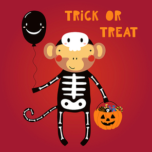 Hand drawn vector illustration of a cute funny monkey in a skeleton costume, with text Trick or treat. Isolated objects. Scandinavian style flat design. Concept for children , party invitation.