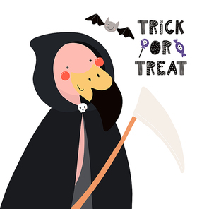 Hand drawn vector illustration of a cute funny flamingo in a death Halloween costume, with text Trick or treat. Isolated objects on white. Scandinavian style flat design. Concept for children print.