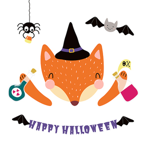 Hand drawn vector illustration of a cute funny fox in a witch costume, with spider, bat, text Happy Halloween. Isolated objects on white. Scandinavian style flat design. Concept for children .
