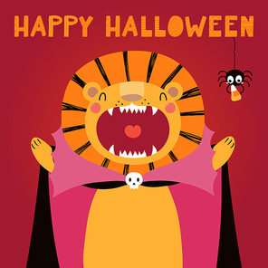 Hand drawn vector illustration of a cute funny lion in a vampire costume, with text Happy Halloween. Isolated objects. Scandinavian style flat design. Concept for children , party invitation.