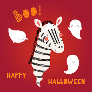 Hand drawn vector illustration of a cute funnny zebra Japanese ghost, with text Happy Halloween. Isolated objects. Scandinavian style flat design. Concept for children print, party invitation.