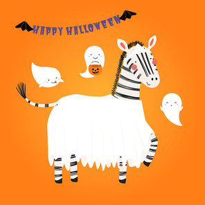 Hand drawn vector illustration of a cute funny zebra in a ghost costume, with text Happy Halloween. Isolated objects. Scandinavian style flat design. Concept for children , party invitation.