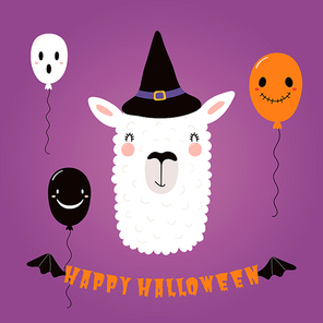 Hand drawn vector illustration of a cute funny llama in a witch hat, with balloons, text Happy Halloween. Isolated objects. Scandinavian style flat design. Concept for children print, party invitation