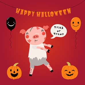 Hand drawn vector illustration of a cute funny pig in a zombie costume, with text Happy Halloween. Isolated objects. Scandinavian style flat design. Concept for children , party invitation.