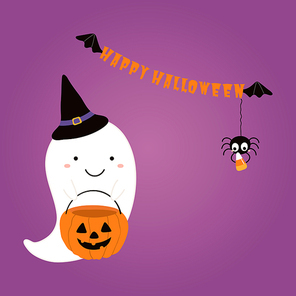 Hand drawn vector illustration of a cute funnny ghost in a witch hat, with candy bag, text Happy Halloween. Isolated objects. Scandinavian style flat design. Concept children , party invitation.