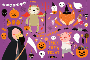 Big Halloween set with cute animals flamingo, sloth, fox, pig in costumes, ghosts, pumpkin, candy. Isolated objects. Hand drawn vector illustration. Scandinavian style flat design. Concept for party.