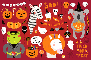 Big Halloween set with cute animals koala, unicorn, zebra, frog in costumes, ghosts, pumpkin, candy. Isolated objects. Hand drawn vector illustration. Scandinavian style flat design. Concept for party