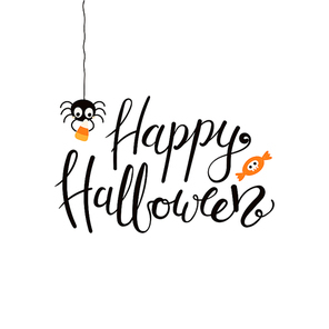 Hand written lettering quote Happy Halloween, with cute spider holding corn candy. Vector illustration. Isolated objects on white . Flat style design. Concept, element for celebration.