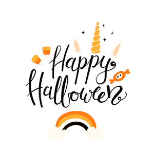 hand written lettering quote happy halloween, with unicorn horn, , corn candy. vector illustration. isolated objects on white . flat style design. concept, element for celebration.